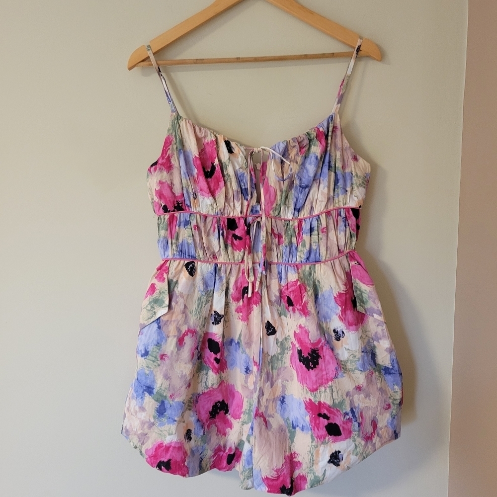 AUREUM Floral Watercolor Spaghetti-Strap Romper in Pink, Blue, Cream - Picture 2 of 9